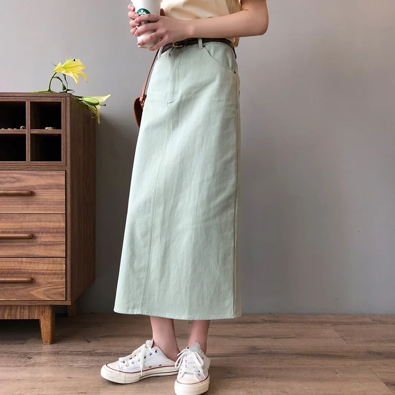 

2021 High Waist Women Spring Summer Straight Skirt Fashion Cotton Denim Long Skirt Maxi Women Clothes Vintage Casual Skirt