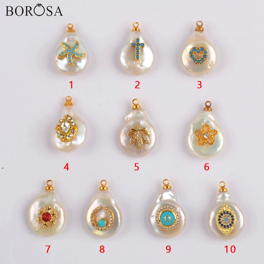 BOROSA 10 шт. позолоченный натуральный пресноводный жемчуг с разнообразным радужным инкрустированный цирконами Шарм для сережек изготовление для оптовой продажи G1902