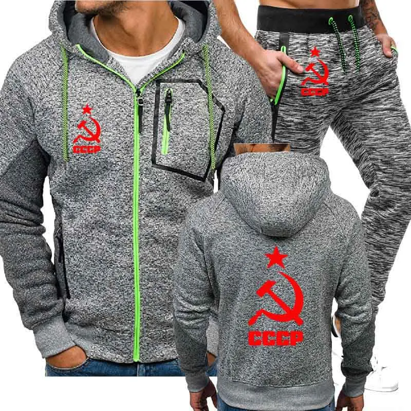 

Mens Jacket sweatshirt Unique CCCP Russian USSR Soviet Union Printed Hoodie+Pants 2Pcs Sporting suit Fleece Thick sportwear