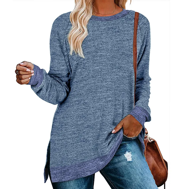 

Women's Long Sleeve Round Collar Color Split Top Loose Casual Pullover T - Shirt