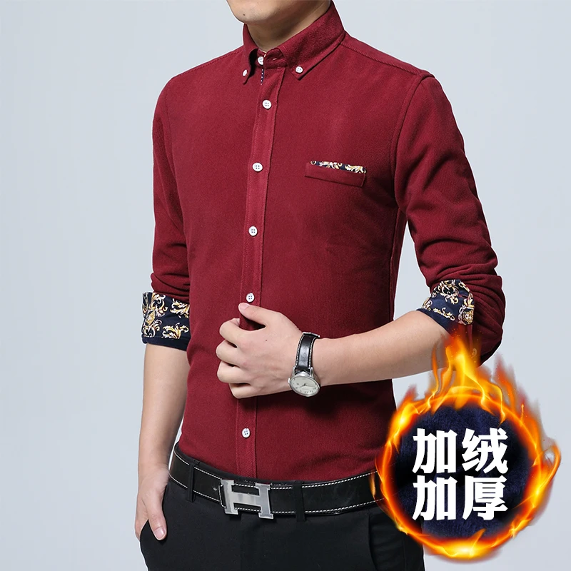 

Winter Men's Corduroy Long-Sleeved Warm Shirt Plus Velvet Thick Korean Style Slim Fashion Black Men's Shirt