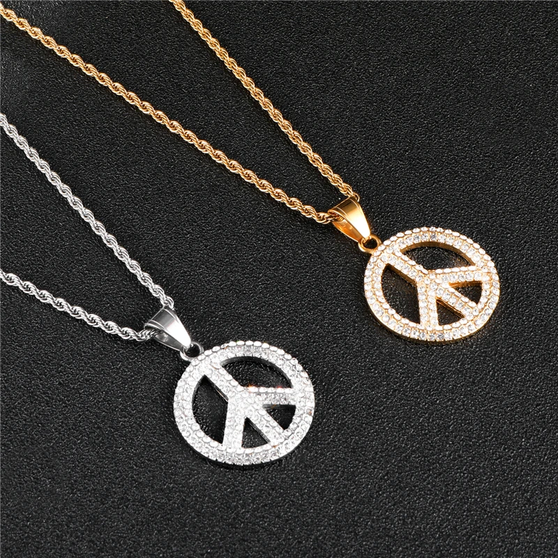 

HIP Hop Gold Color Stainless Steel Bling Iced Out Rope Chain Peace Sign Pendants & Necklaces for Men Jewelry