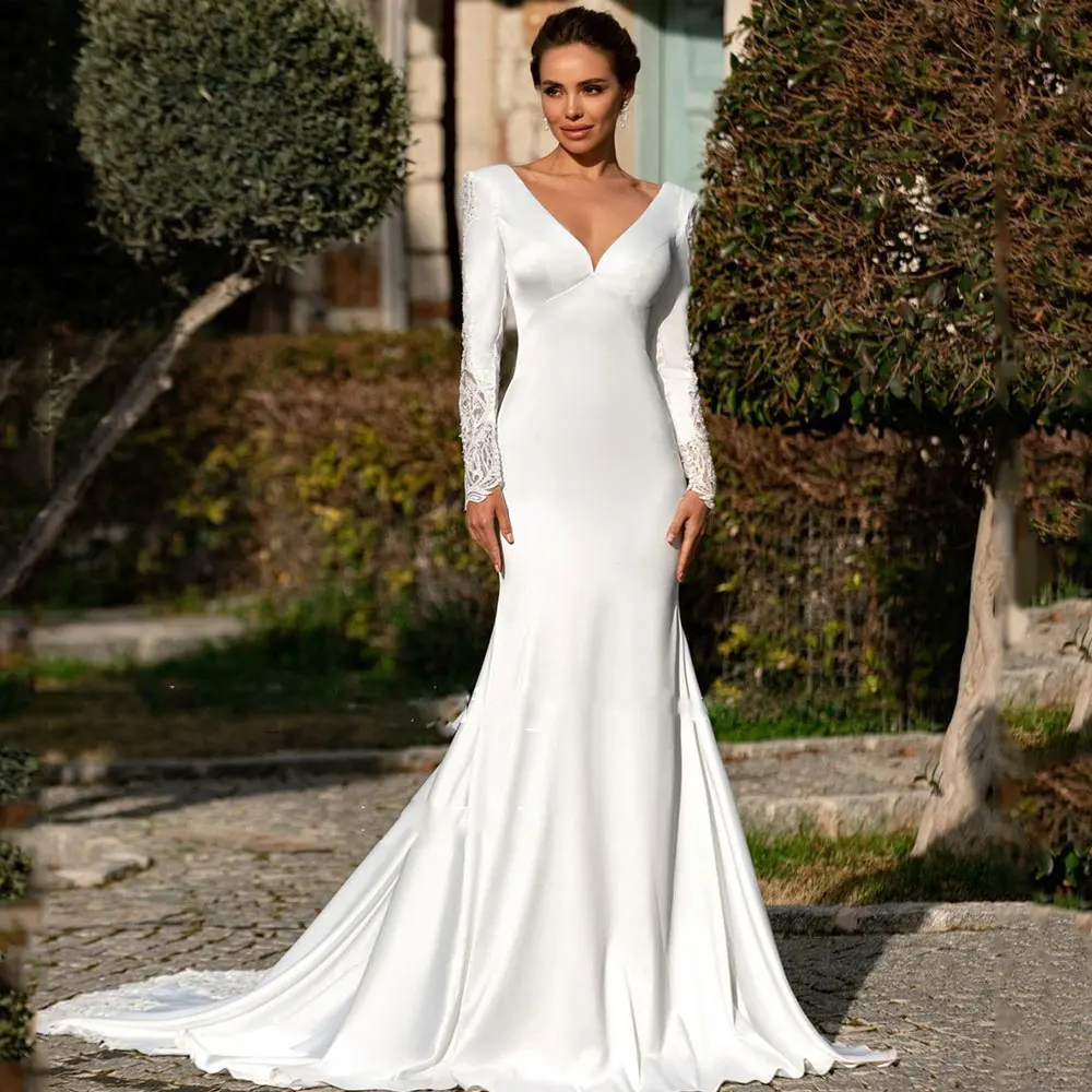 

Elegant Stretch Satin Mermaid Wedding Dresses 2022 Long Sleeves Vestido de noiva Lace V Neck Sweep Train Bridal Gown Backless