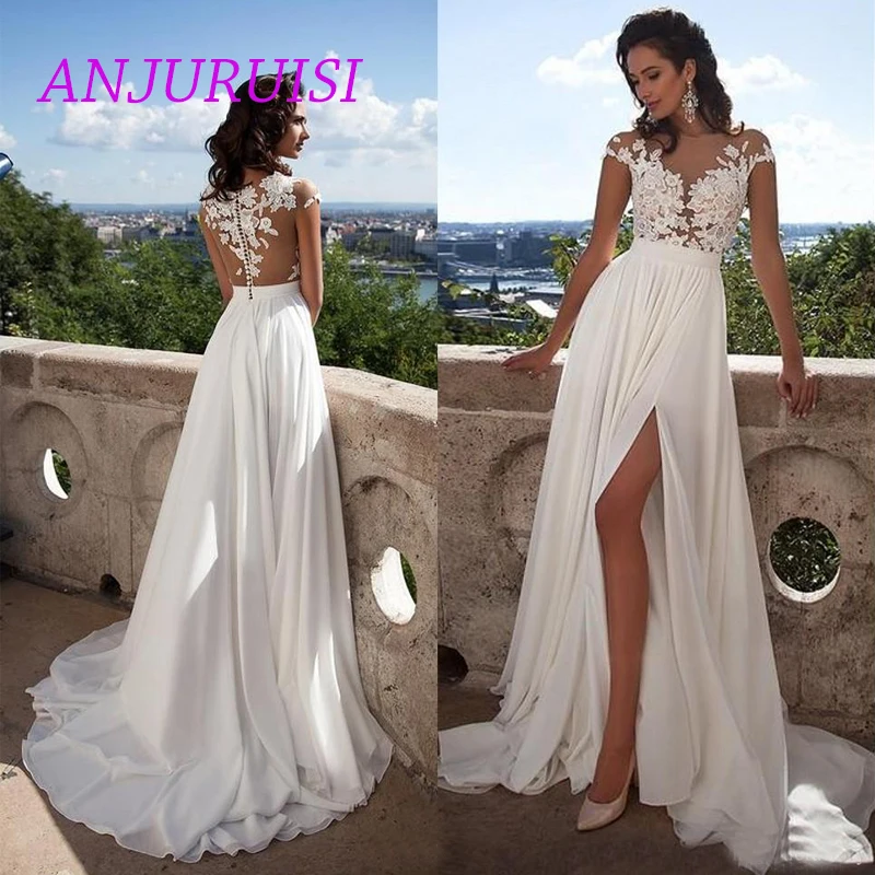 

ANJURUISI Sexy Lace Appliqued Beach Wedding Dresses A Line Cap Sleeves High Split Side Chiffon Wedding Bridal Gowns With Buttons