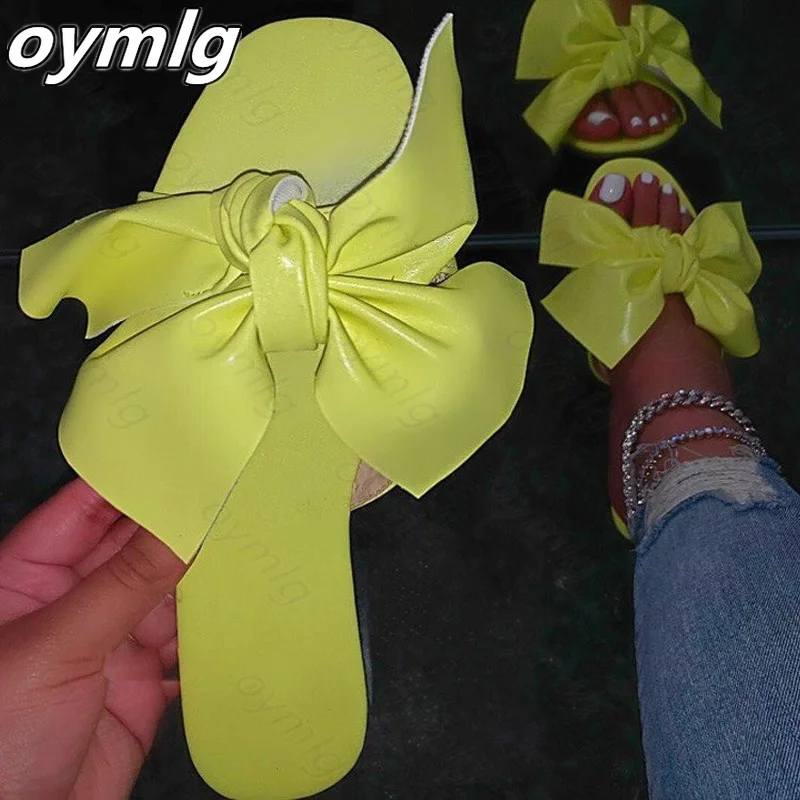 

Fashion sexy Roman style bow decoration open-toed flat bottom comfortable PU large size outdoor female slippers summer new style