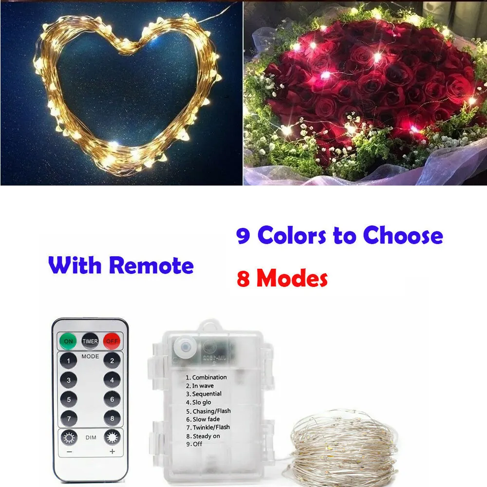 

8 Mode 1-10M Waterproof LED String Lights Silver Wire Battery Operated With Remote Outdoor Fairy Light Wedding Xmas Decor
