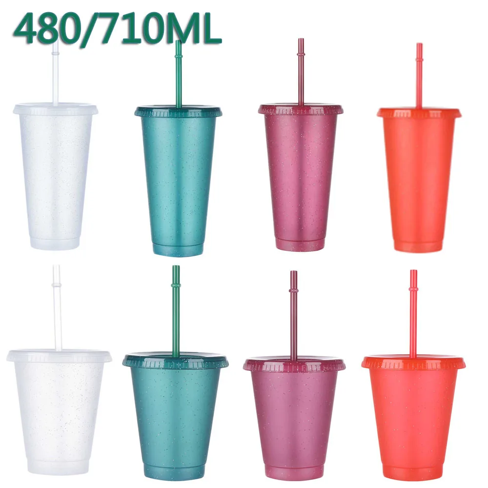 

480/710ml Powder Shiny Reusable Straw Cup Sequined Glitter Cup Juice Straw Mug Simple Cute Plastic Bottom Outdoor Portable Cup