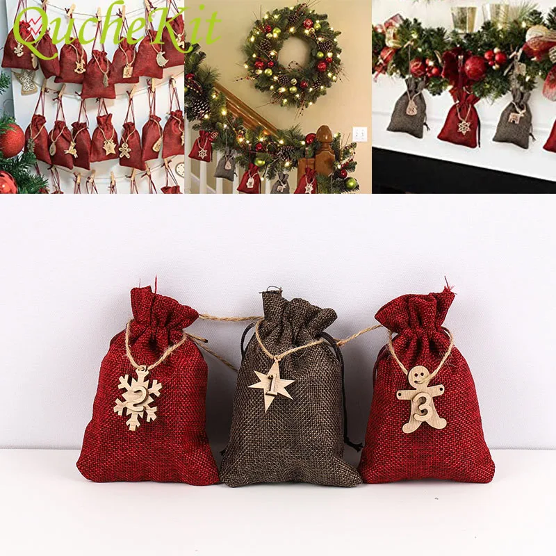 

Christmas Calendar Gift Bag Candy Storage Bags With Stickers Pouches Xmas Decoration DIY Gift Packing Label
