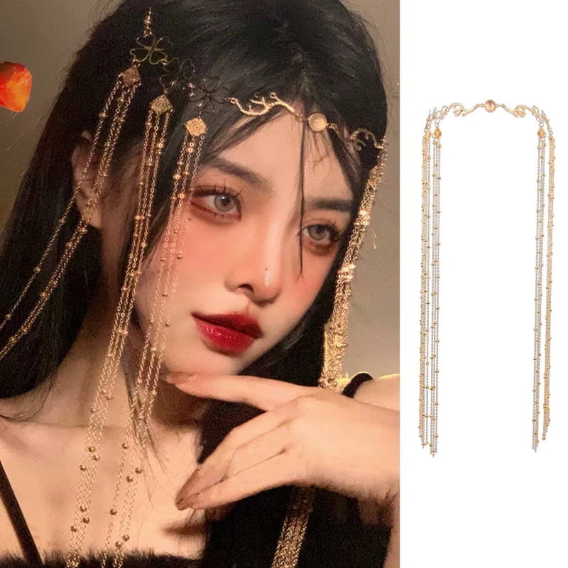 

Fashion Crystal Headpiece Mesh Multi-Layers Tassel Head Chain with Rhinestone Forehead Headpiece Fancy Hair Ornament