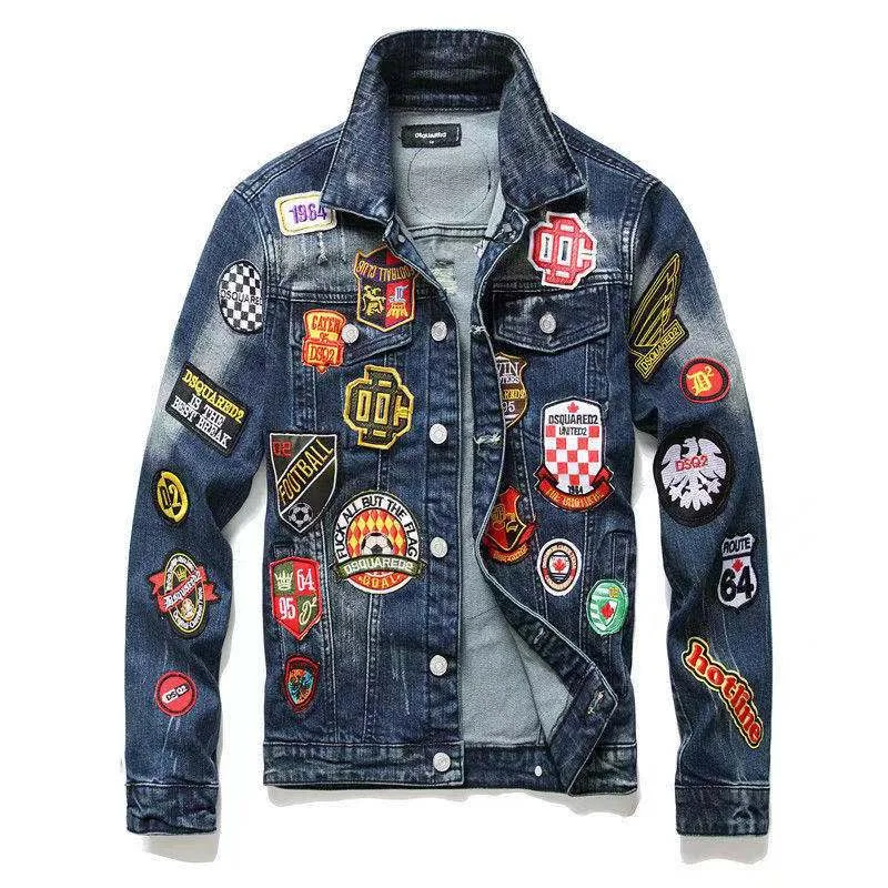 

2021 European and American new jacket DSQ badge denim jacket male Dsquared2 slim badge denim long sleeve D2 ripped jacket