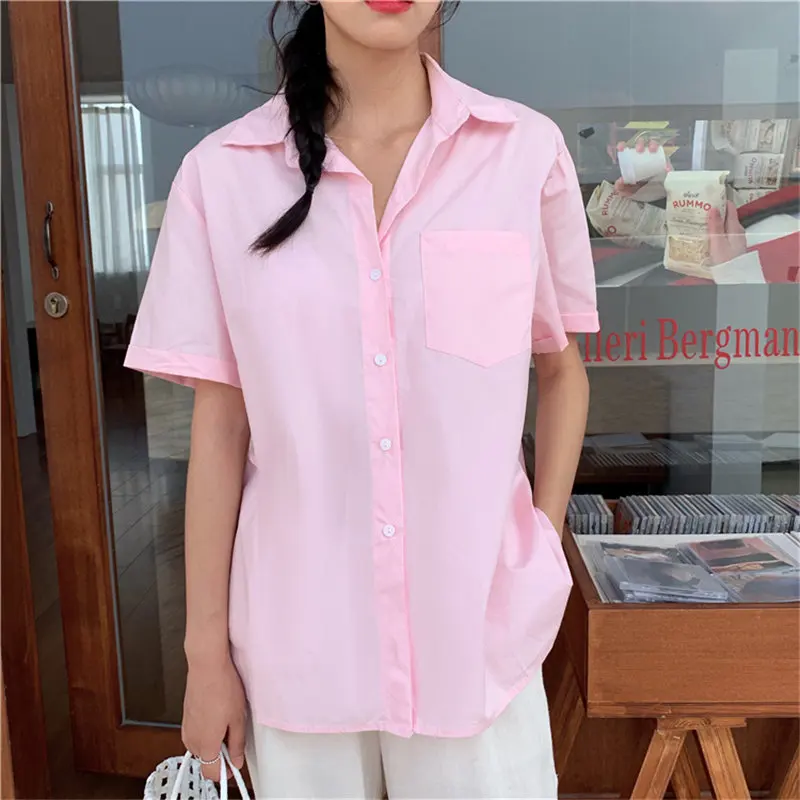 

HziriP All Match Brief Hot Tops Blouses Solid 2021 Office Lady New Short Sleeves Brief Loose Cotton Chic Summer Pockets Shirts