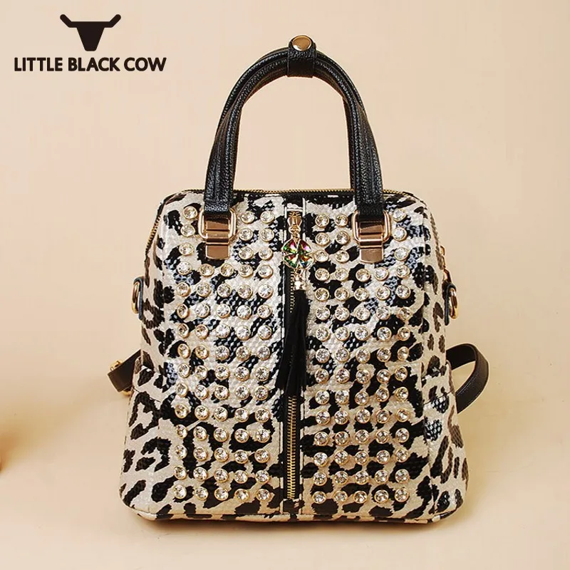 

Gold Leopard Print Backpack Female Multifunction Shoulder Crossbody Fashion Rhinestone College School Backpack Sweet Pink Travel