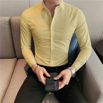 

Shirts for Men Long Sleeve Shirt Mens Formal Clothing Solid Color Yellow Designer Slim Fit 4XL Camisa Masculina betis 2021 2022