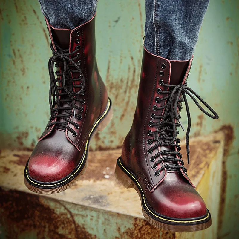 

2021 autumn and winter tooling couple riding boots 14 holes large size leather knight boots plus velvet warm riding boots