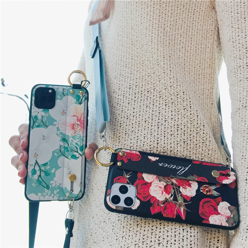 A51 A71 A31 Чехол Crossbody Leaf Flower Soft Wristband Holder Cover для Samsung S20+ Note 10 Lite A41 A50 A70 A30 S8 S9 S10 S20 on.