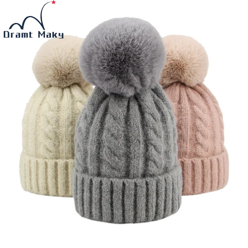 2020 модная шерстяная зимняя шапка женская меховая помпонами вязаная для девочек