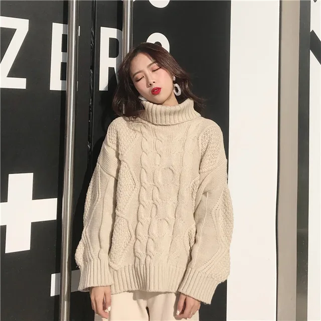 Корейский Harajuku свитер с высоким воротом женские милые Свободные Твист толстые