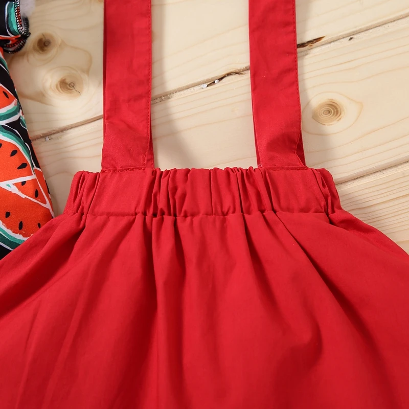

2021 Toddler Baby Girl Short Sleeve + Suspender Skirt + Bow Headdress Sweet Style Summer Watermelon Pineapple Print Clothing