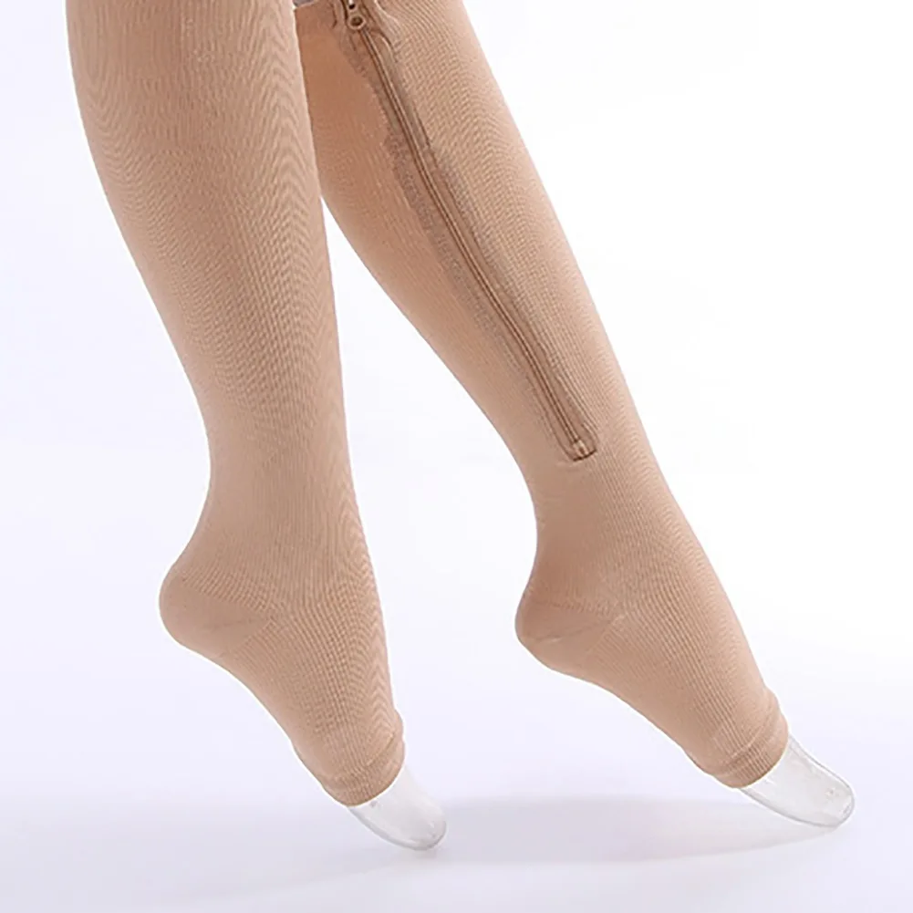 

Men Women Compression Socks Support Knee Zipper Socks Female Open Toe Thin Anti-Fatigue Stretchy Sox High Socks Pressure Stock