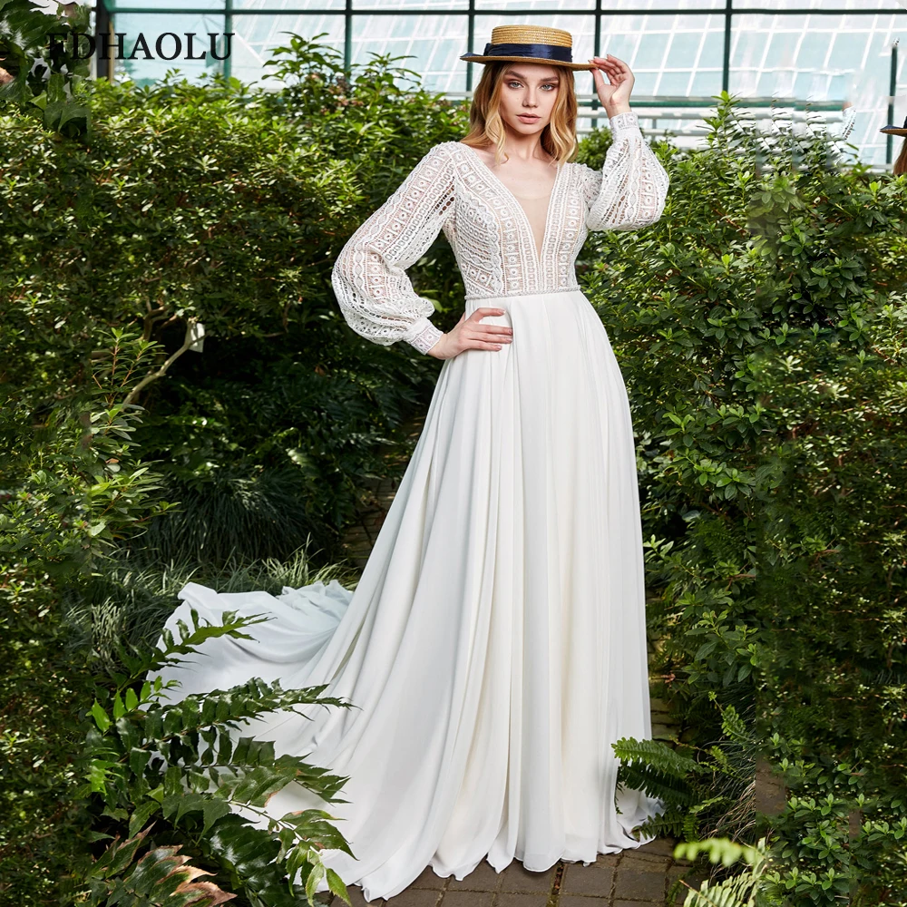 

FDHAOLU FU184 Boho Wedding Dress Elegant V Neck Lantern Sleeves A Line Bohemian Lace Bridal Dresses Robe De Mariage