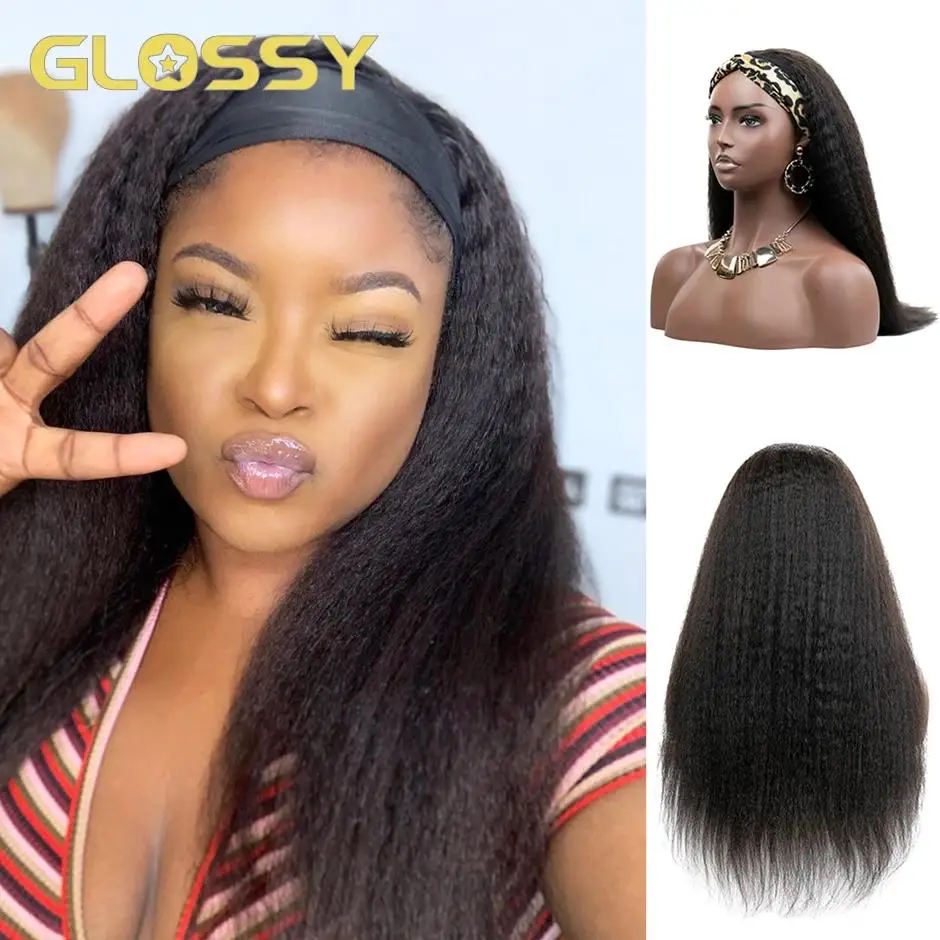 

Kinky Straight Headband Wig Human Hair Glueless Machine Made Wigs for Black Women 180% Density Brazilian Yaki Remy Hair Wig
