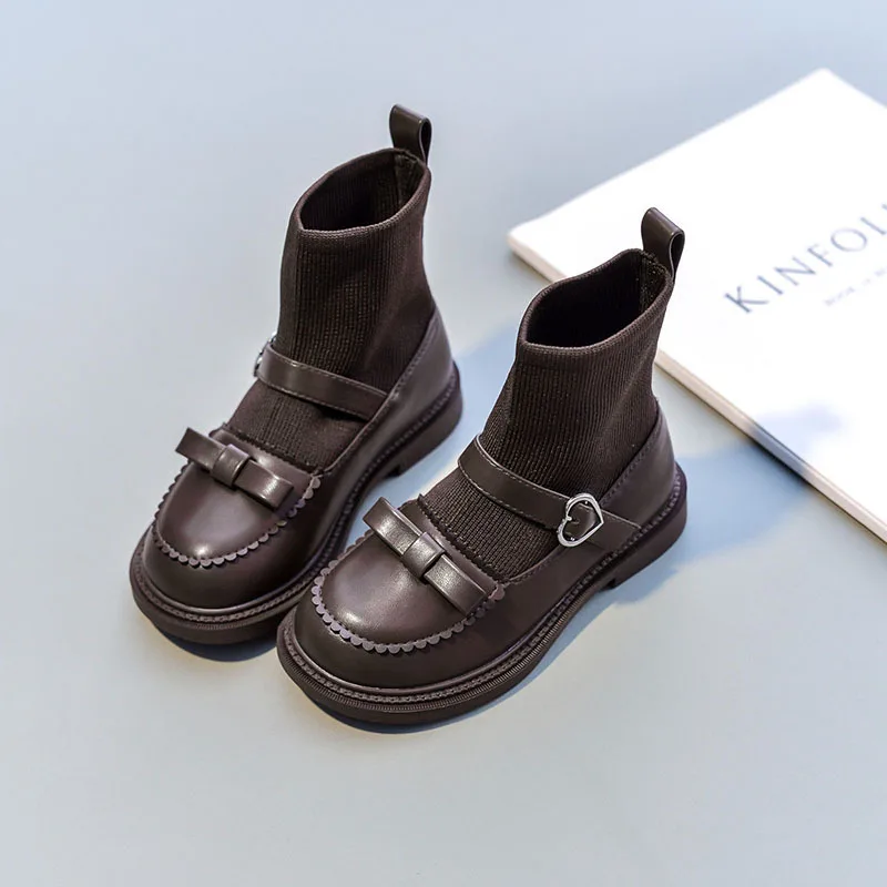 

New Children Girls Fashion Sweet Butterfly-knot Sock Boots Princess Baby Autumn PU Leather Flat Kids Shoes 03A