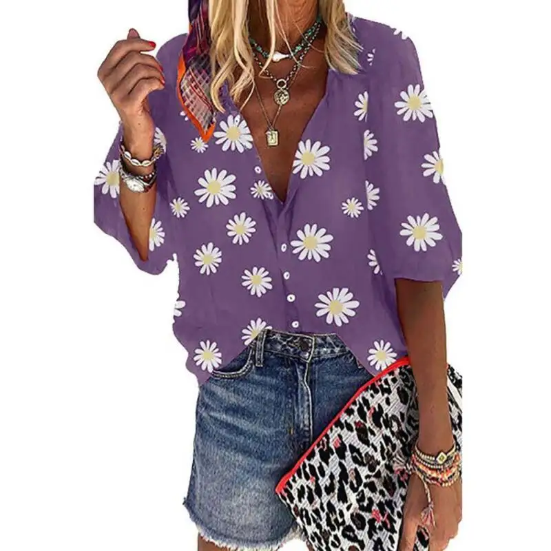 

NEW Womens Daisy Printed Half sleeve V Neck Shirts Blouses Casual Tops T Shirt