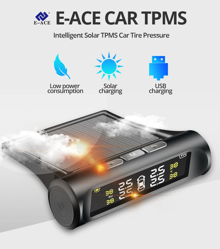 E-ACE умный автомобиль TPMS Солнечная зарядка автомобильная система контроля давления в шинах цифровой дисплей система сигнализации 4 внутренних датчика