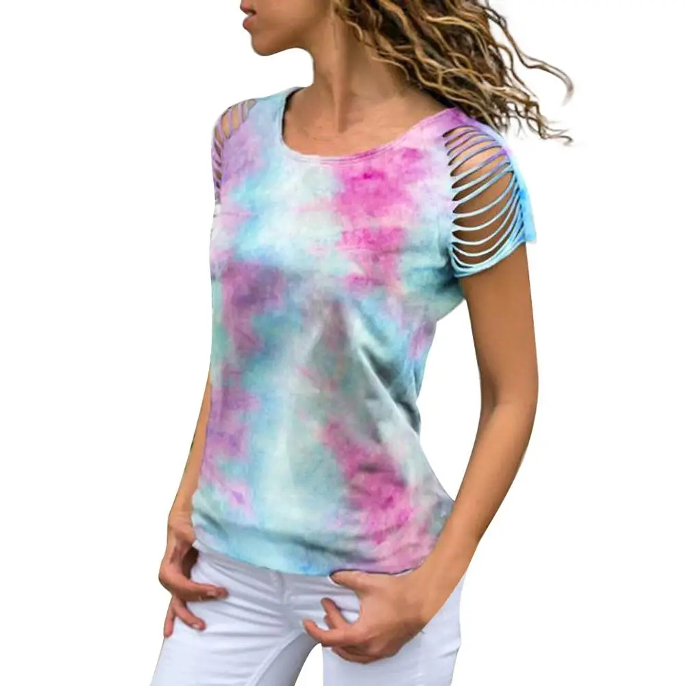 

Fashion Summer Women Tie-dye Round Neck Tassel Short Sleeve Blouse T-shirt Top