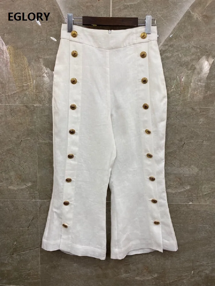 

High Quality Women's Pant 2021 Spring Summer Casual Clothing Woman Buttons Deco Mid-Calf Length White Blue Pants & Capris Female