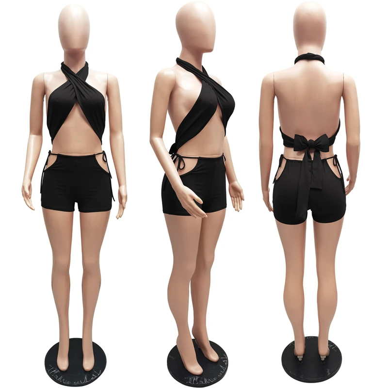 

ZOOEFFBB Two Piece Set Women Sexy Club Outfits Halter Crop Top Lace Up Biker Shorts Lounge Matching Sets Rave Festival Clothing