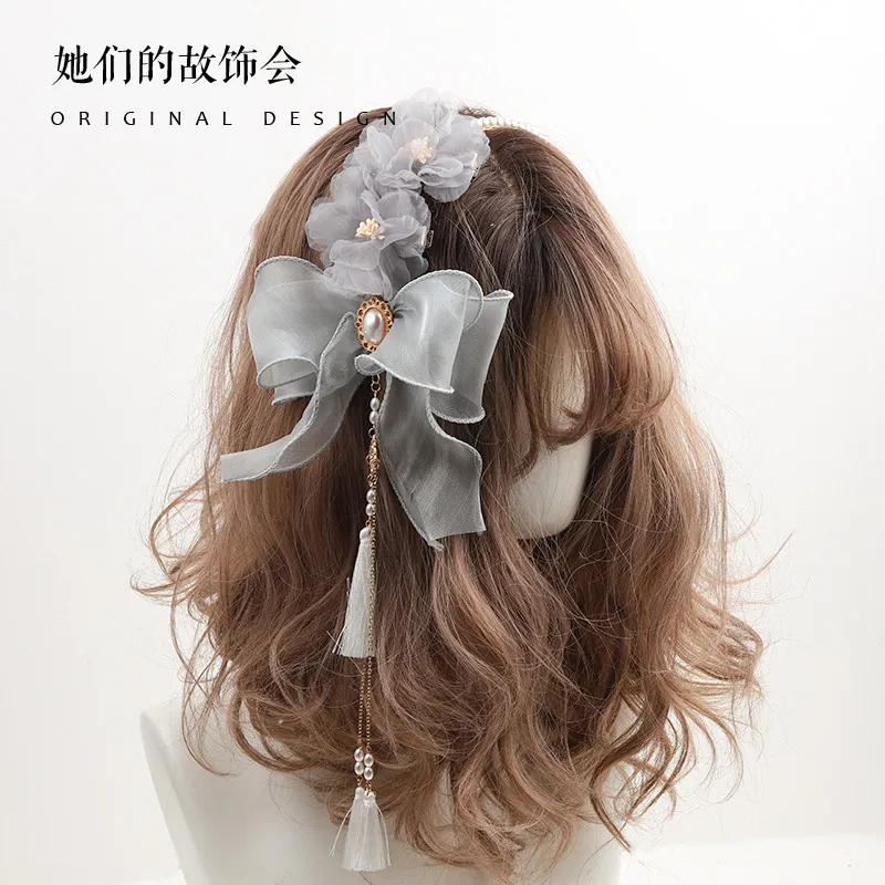 

Fairy Headdress Lolita Girl Elegant Hairpin Pearl Tassel KC Hair Hoop Ribbon Flower Bowknot Side Clip Hair Accessories Headband