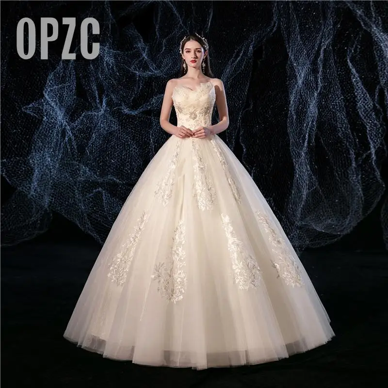 

OPZC Real photo Luxury Lace Embroidery Champagne Wedding Dresses 2020 Starpless Elegant Plus size Vestido De Noiva Bride Dresses