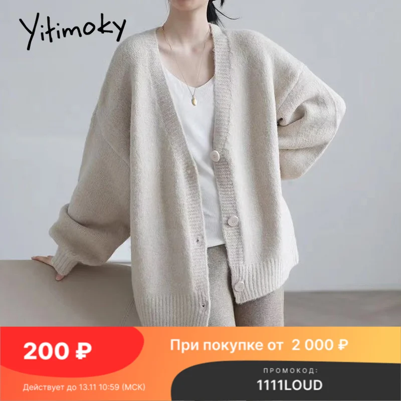 

Женский трикотажный кардиган Yitimoky, осенняя коллекция 2021, Новая женская Повседневная однобортная Свободная куртка с V-образным вырезом, Черн...