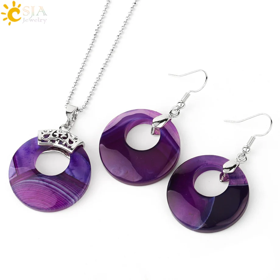 Purple Agate CSJA Ювелирные наборы для женщин натуральный полый круглый камень оникс унакит Фиолетовый Кристалл Опал серьги ожерелья Исцеление E568 - Окраска металла: Purple Agate