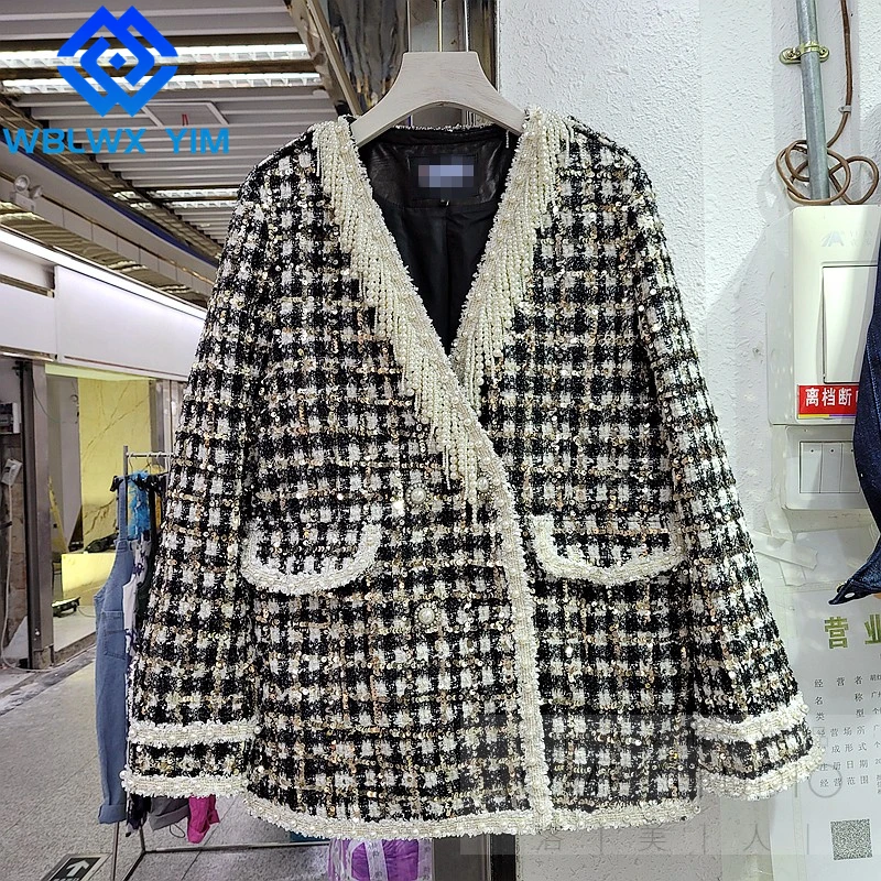 

High quality Tweed Jacket Women V-Neck Beaded Long Sleeve Tassel Fashion Sequins Bomber Jacket Autumn Loose Casual Coat Female