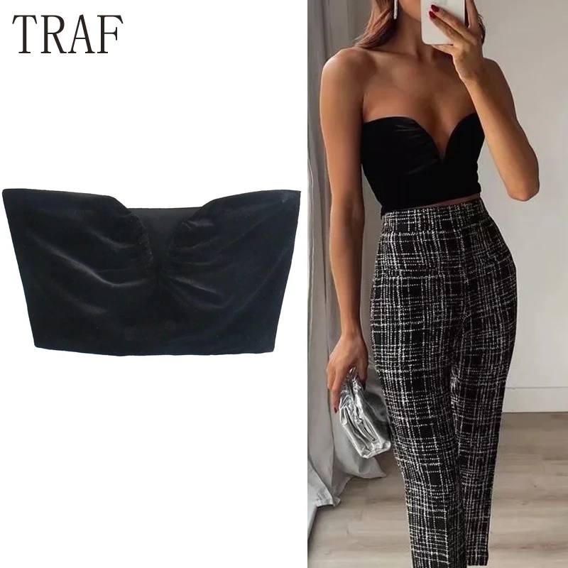 TRAF Velvet Crop Top Female Sleeveless Black Corset Top Women Sexy Backless Tube Tank Tops Streetwear Y2k Strapless Camis Top