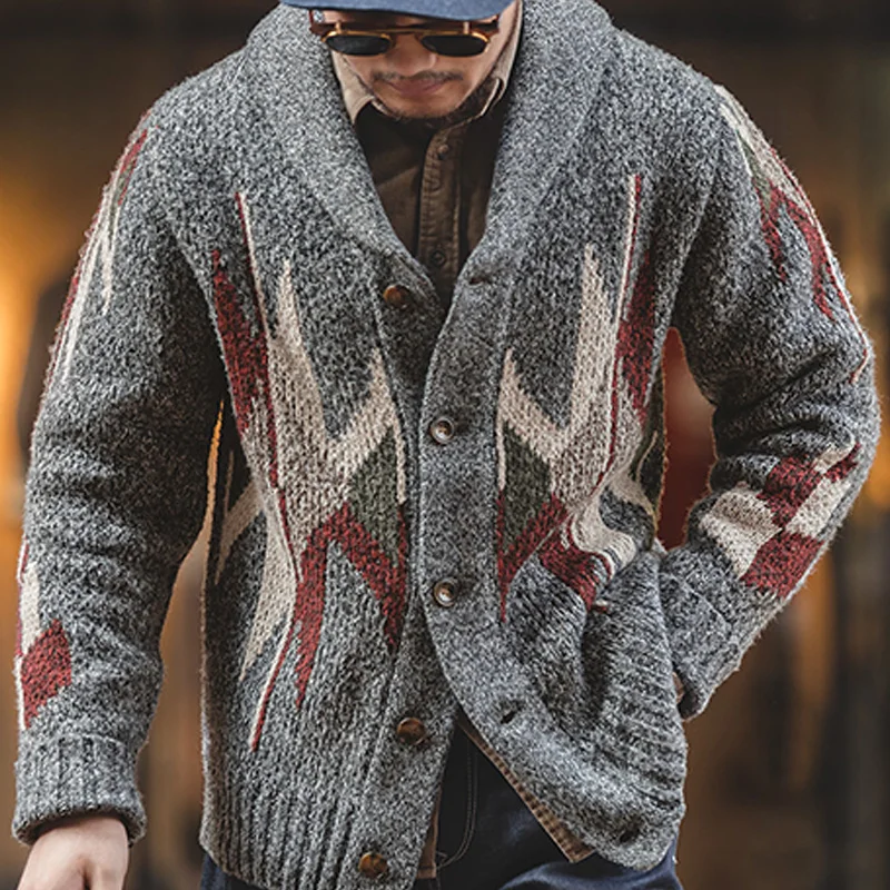 Maden-cárdigan Vintage de punto para hombre, suéter grueso de gran tamaño, ropa de calle de tendencia geométrica, abrigos de punto Harajuku con cuello en V