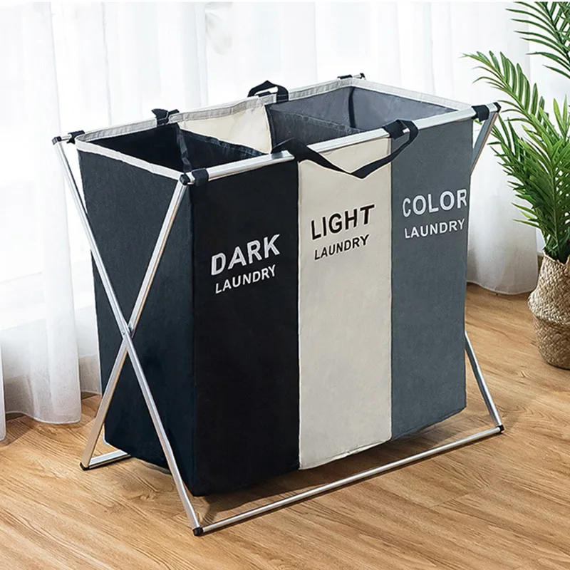 

X-Shape Foldable Dirty Laundry Basket Organizer Printed Collapsible Three Grid Home Laundry Hamper Sorter Laundry Basket Large