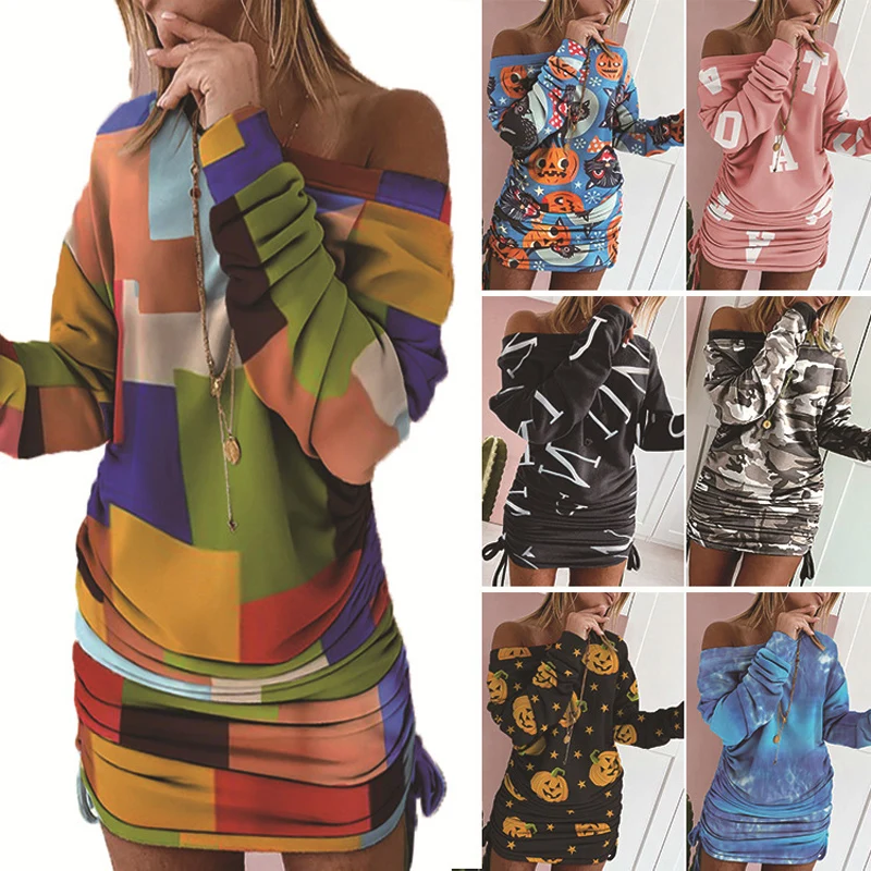 

Женское асимметричное платье с контрастным принтом, Повседневное платье с длинным рукавом в европейском и американском стиле, новинка 2021