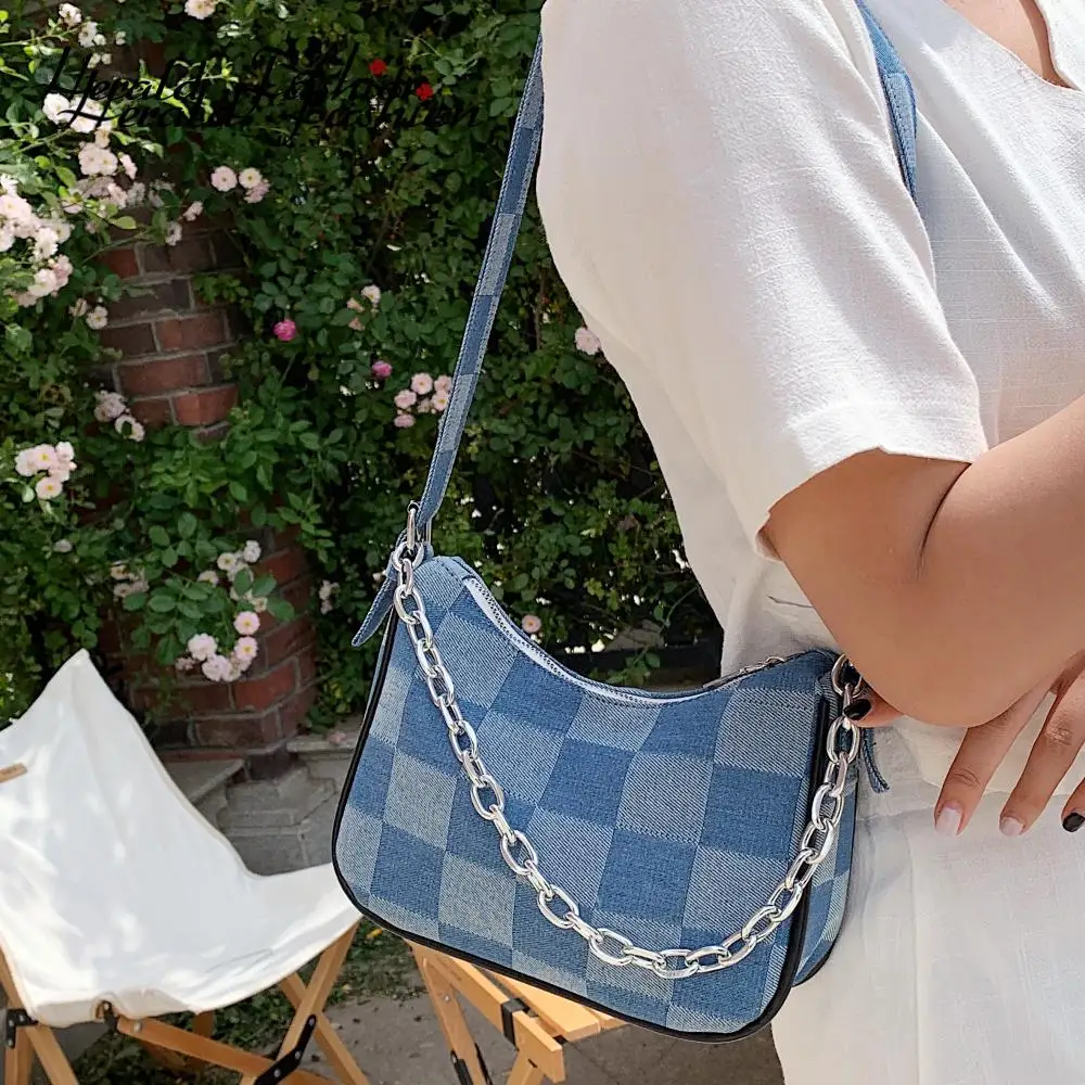 

Women Small Handbag Blue Checked Shoulder Bags Canvas Tote Chain Underarm Bag Ladies Denim Half Moon Bags Cotton Cloth Purse
