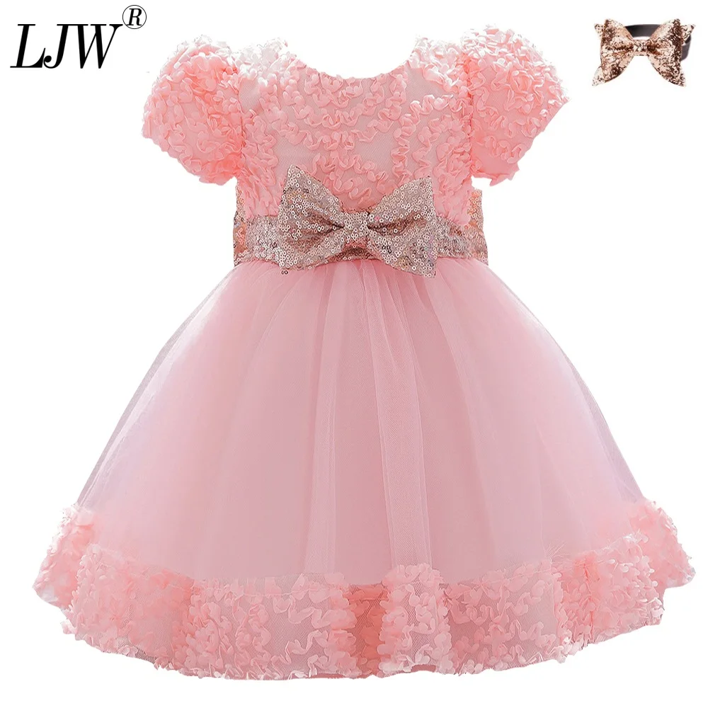 Белый Платье для маленьких девочек с бантом крещения р 0 от 24 мес. до 1 лет Одежда