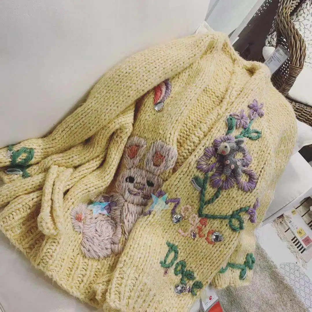 

Poncho Hand Knitted Sale Feminino Sweater Women 2020 Spring New Heavy Hand-woven Rabbit Embroidery Female Cute Sen Knit Girl