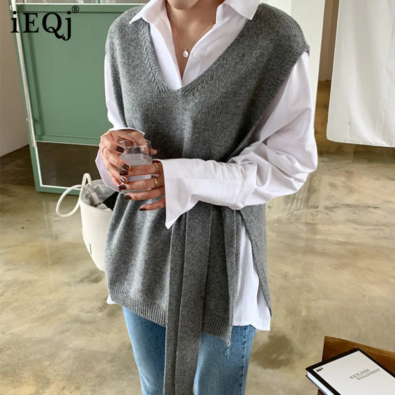 

Модный жилет IEQJ в Корейском стиле с v-образным вырезом, вязаный жилет без рукавов с поясом, Свободный пуловер большого размера, Осенние униве...