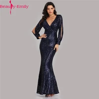 beauty emily sexy deep v neck long sleeve mermaid evening dress new arrival navy blue sequined prom dress vestidos de fiesta
