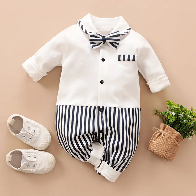 

Children's Clothing Gentleman Romper Striped Small Bow Tie Baby Clothes Baby Outing Clothes Bn*
