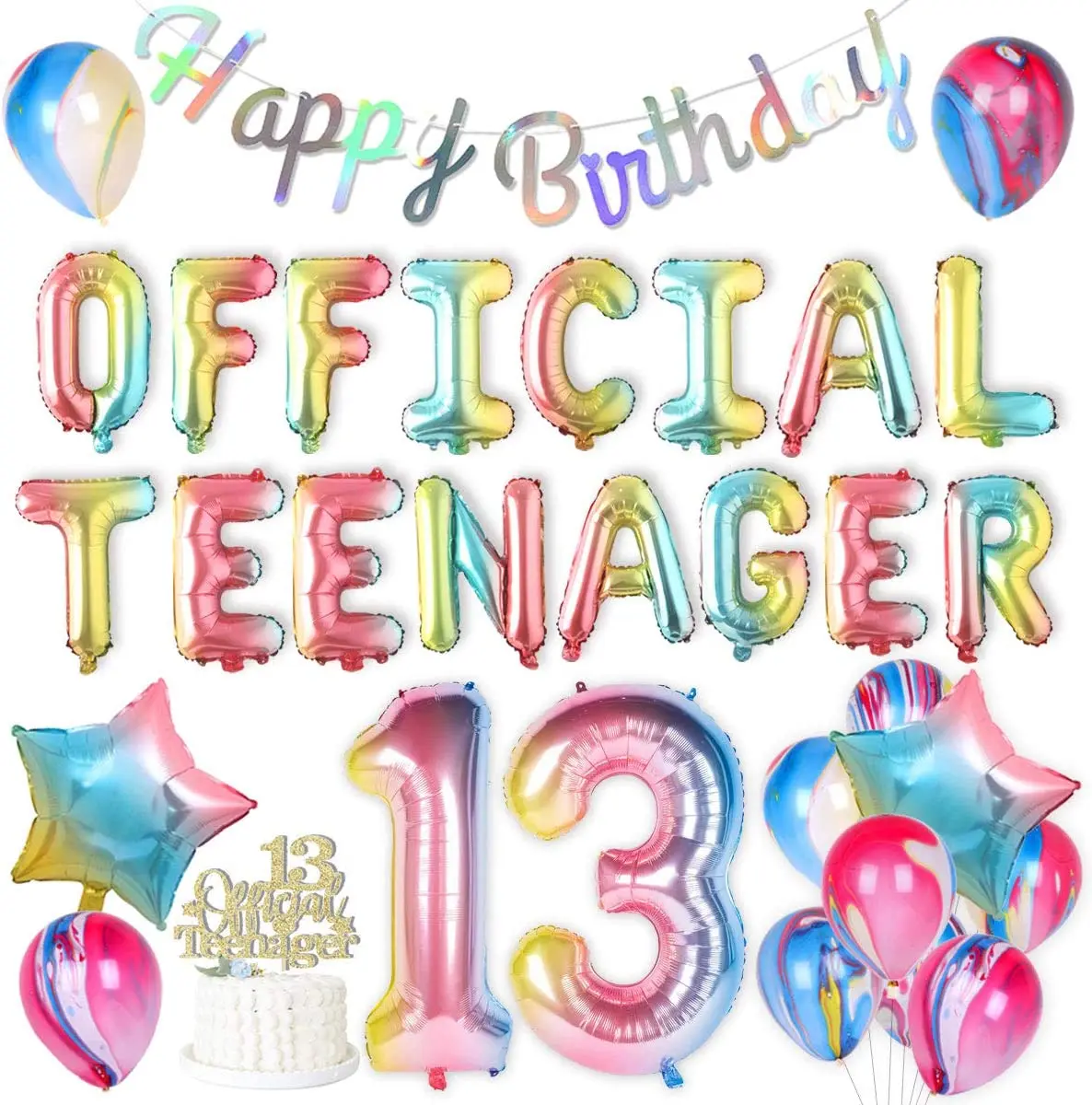 Arcobaleno 13 ° compleanno decorazioni per ragazze forniture per feste di buon compleanno adolescente ufficiale numero 13 palloncini Foil Cake Topper