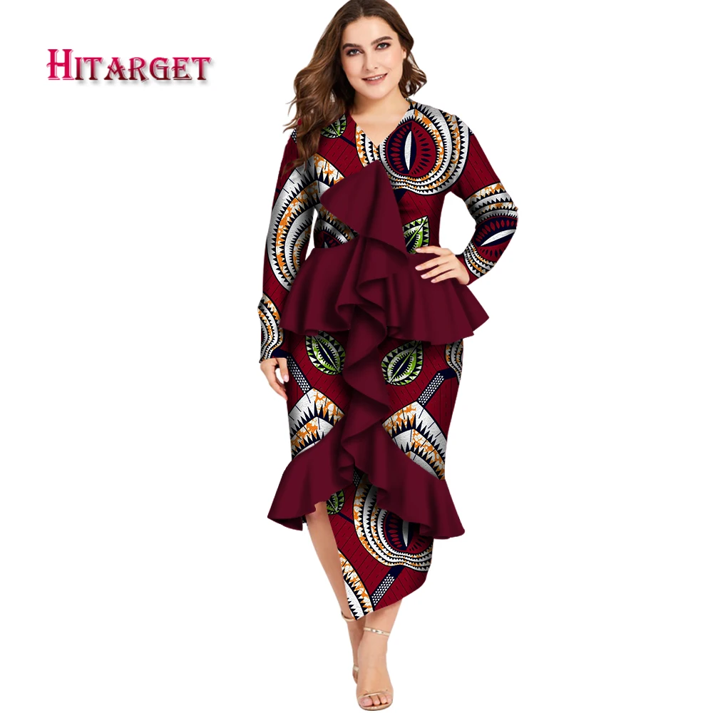 

Africa Style Women Dresses Dashiki Long Sleeve Ruffle Dress Bazin Riche African Clothes Ankara Wax Print Dress Plus Size WY5314