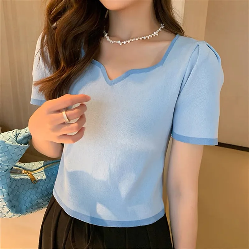 

Forever 22 Fashion Short Sleeve Women T-shirt Cotton Cropped Top Solid Simple Square Neck female Tee Tops