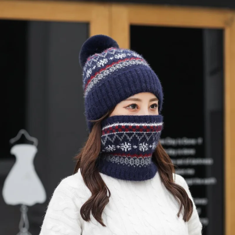 

New Winter Women Plush Knitted Hat Scarf Sets Female Beanies Hat Scarf Set Girls Ladies Warm Windproof Outdoor Snow Cap Sets